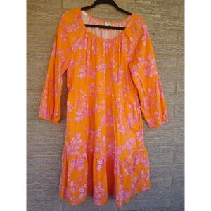 J Crew Long Sleeve Orange And Pink Floral Tiered Dress Size 14 Beach Cruisewear